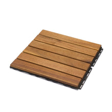 Lade das Bild in den Galerie-Viewer, Eine quadratische Holzfliese in der Draufsicht, bei der sechs Akazienholz-Latten parallel zueinander angeordnet sind. Die Latten verfügen über eine glatte Oberfläche.