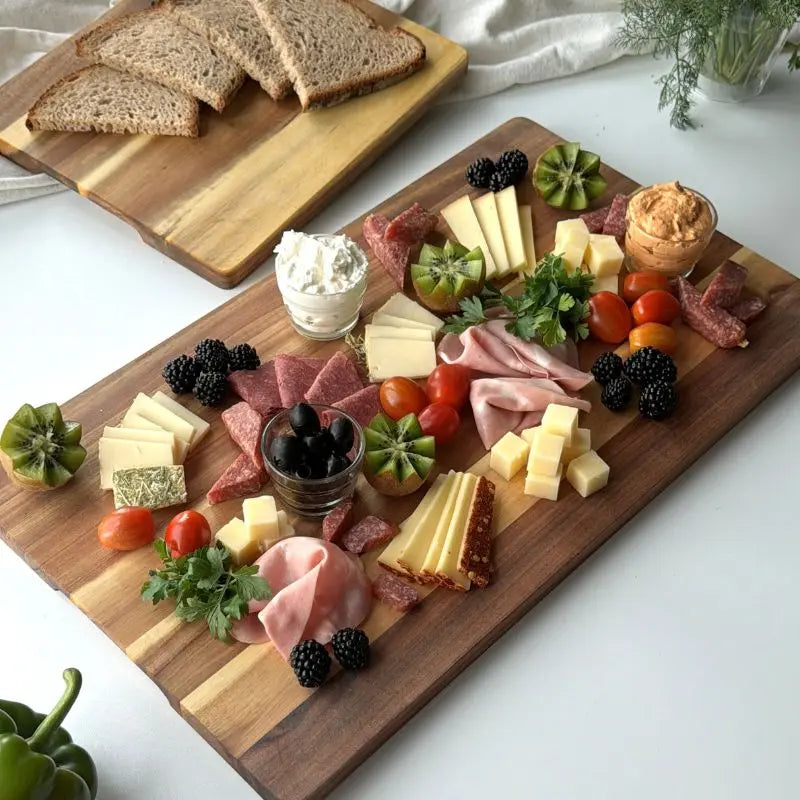Ein langes Schneidebrett aus dunklem Holz ist reichhaltig und dekorativ als Servierplatte mit verschiedenen Käsesorten, Aufschnitt, Beeren und Gemüse angerichtet. Im Hintergrund liegt ein weiteres Brett mit geschnittenem Brot.