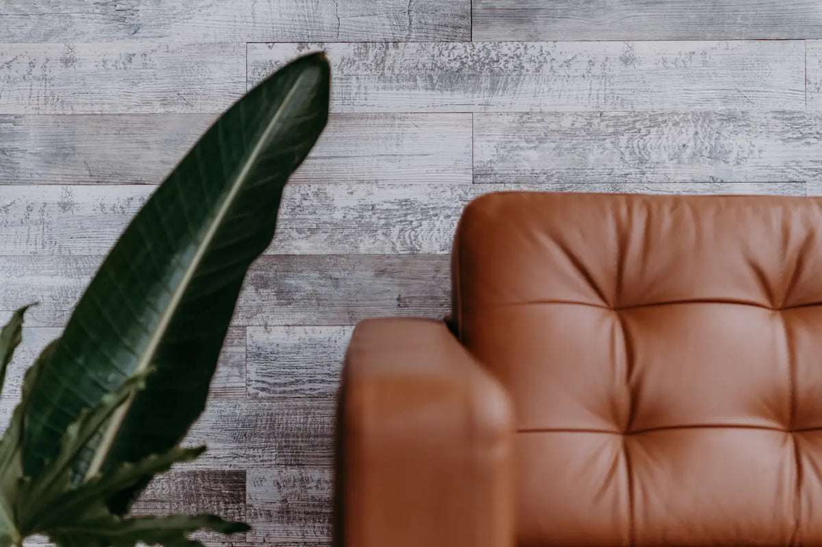Die Rückenlehne eines braunen, gesteppten Ledersofas steht vor einer Wandverkleidung aus horizontalen Holzriemchen in grauer White-Wash-Optik. Ein großes grünes Blatt einer Zimmerpflanze am linken Rand unterstreicht das moderne, naturnahe Interieur.