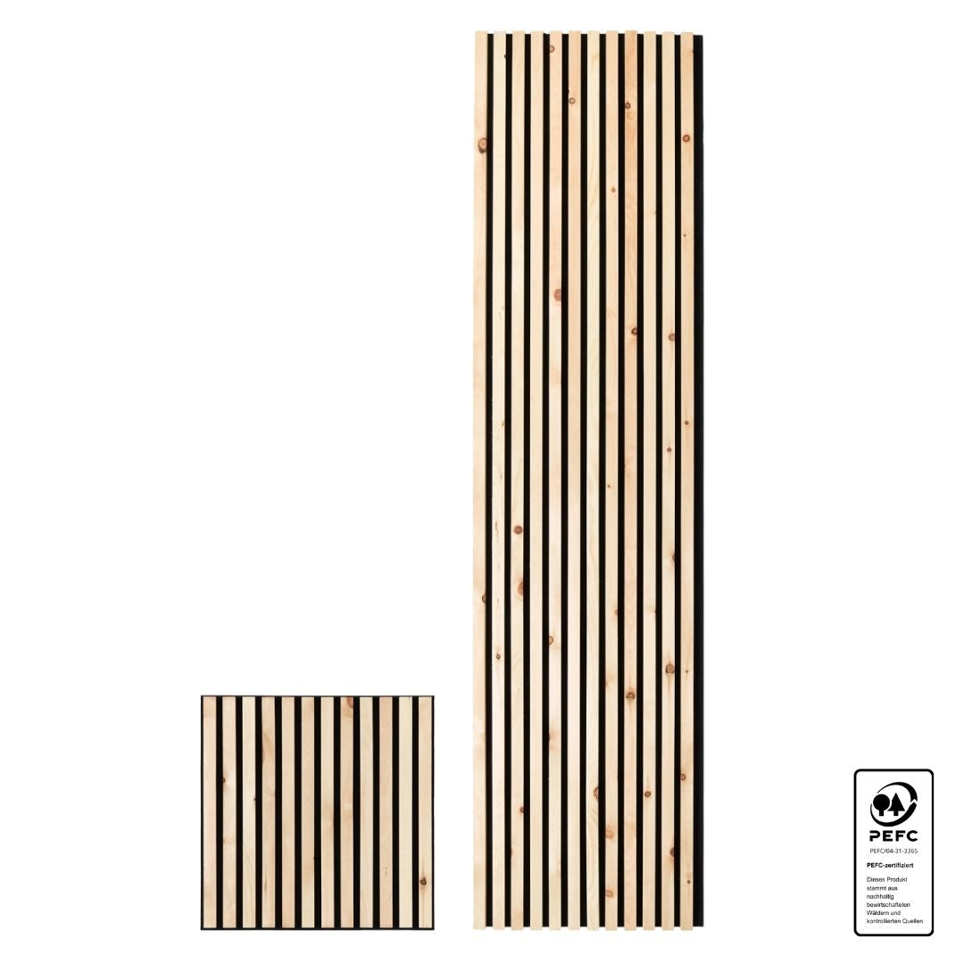 Akustikpaneele mit schwarzem Filz und hellem Holz, in zwei Größen. Das PEFC-Zertifikatssiegel bestätigt die Herkunft aus nachhaltiger Forstwirtschaft.