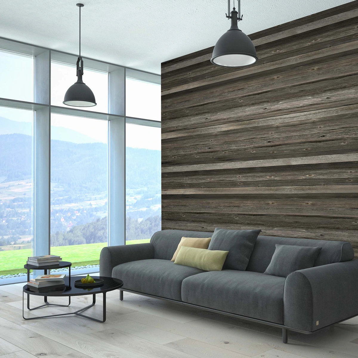 Moderne Wohnwand gestaltet mit Wandpaneelen im Design “Steinwald”, davor ein graues Sofa und ein moderner Wohnzimmertisch