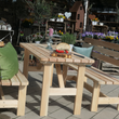 Eine gemütlich arrangierte Sitzgruppe aus hellem Kiefernholz mit grünen Kissen lädt auf einer Terrasse zum Verweilen ein. Im Hintergrund befindet sich ein liebevoll dekorierter Gartenbereich mit zahlreichen Blumen und Topfpflanzen.