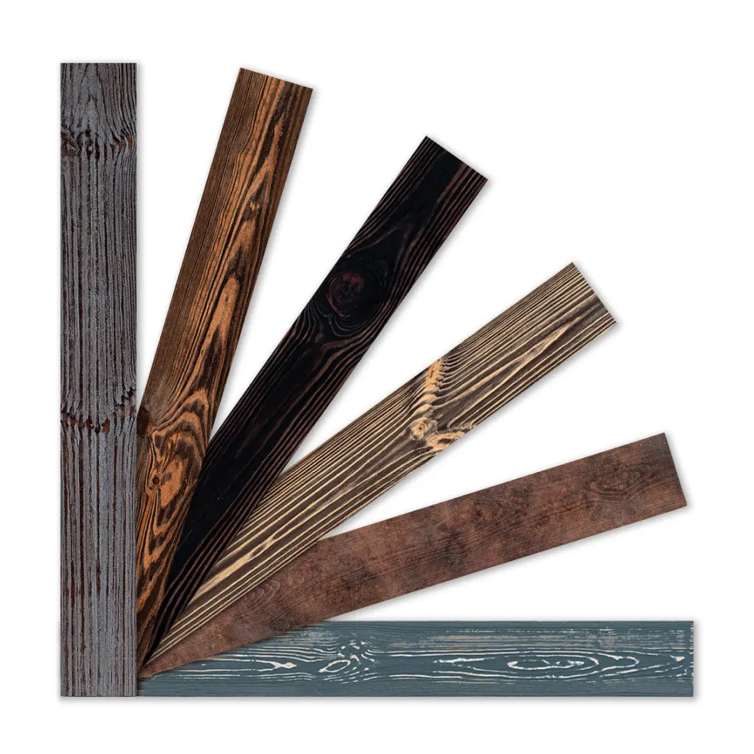 Verschiedene dunkle Paneele aus Holz aus dem iWerk Musterpaket „Temperament“