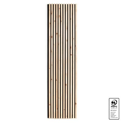 Ein längliches Akustikpaneele mit schwarzem Filz und hellem Holz. Das PEFC-Zertifikatssiegel bestätigt die Herkunft aus nachhaltiger Forstwirtschaft.