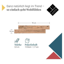 Lade das Bild in den Galerie-Viewer, Infografik Echtholzpaneel Design Alm: zwei versetzte Paneele, 78 × 10 cm, 0,5 cm stark, 15 Stück = 1,17 m²
