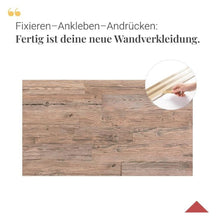 Lade das Bild in den Galerie-Viewer, Wandverkleidung aus hellen Holzpaneelen, im Kreis: Hand zieht Schutzfolie vom selbstklebenden Streifen ab.
