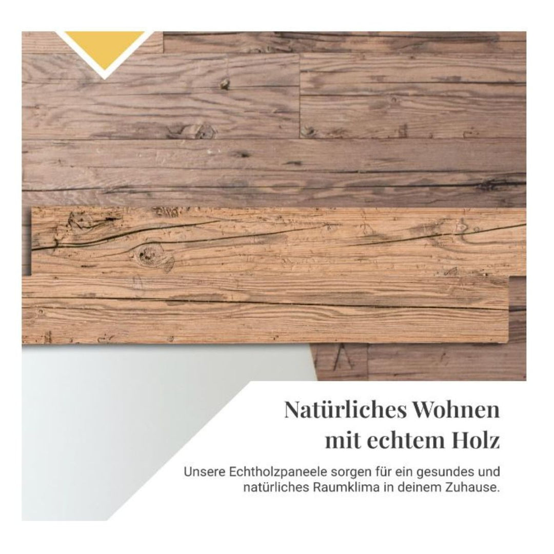 Grafik mit natürlichen Holzpaneelen Design-Alm, ein Paneel ist versetzt davor, darunter der Schriftzug „Natürliches Wohnen mit echtem Holz“