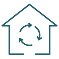 Ein stilisiertes Icon in Form eines Hauses mit einem integrierten Kreislauf-Symbol aus drei Pfeilen im Zentrum. Die Grafik steht symbolisch für nachhaltiges Wohnen, ökologische Bauweisen oder ein gesundes, zirkulierendes Raumklima.