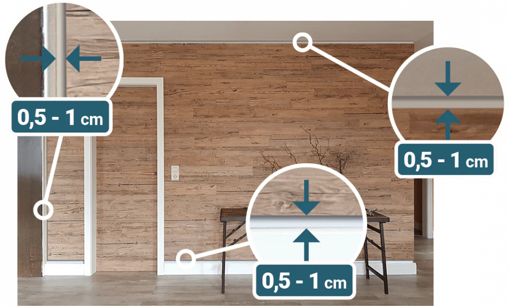 Eine schematische Darstellung einer fertig verkleideten Holzwand mit drei vergrößerten Detailausschnitten. Diese veranschaulichen mit blauen Pfeilen, dass zu allen angrenzenden Wänden, Decken und Böden zwingend eine Dehnungsfuge von 0,5 bis 1 cm eingehalten werden muss.